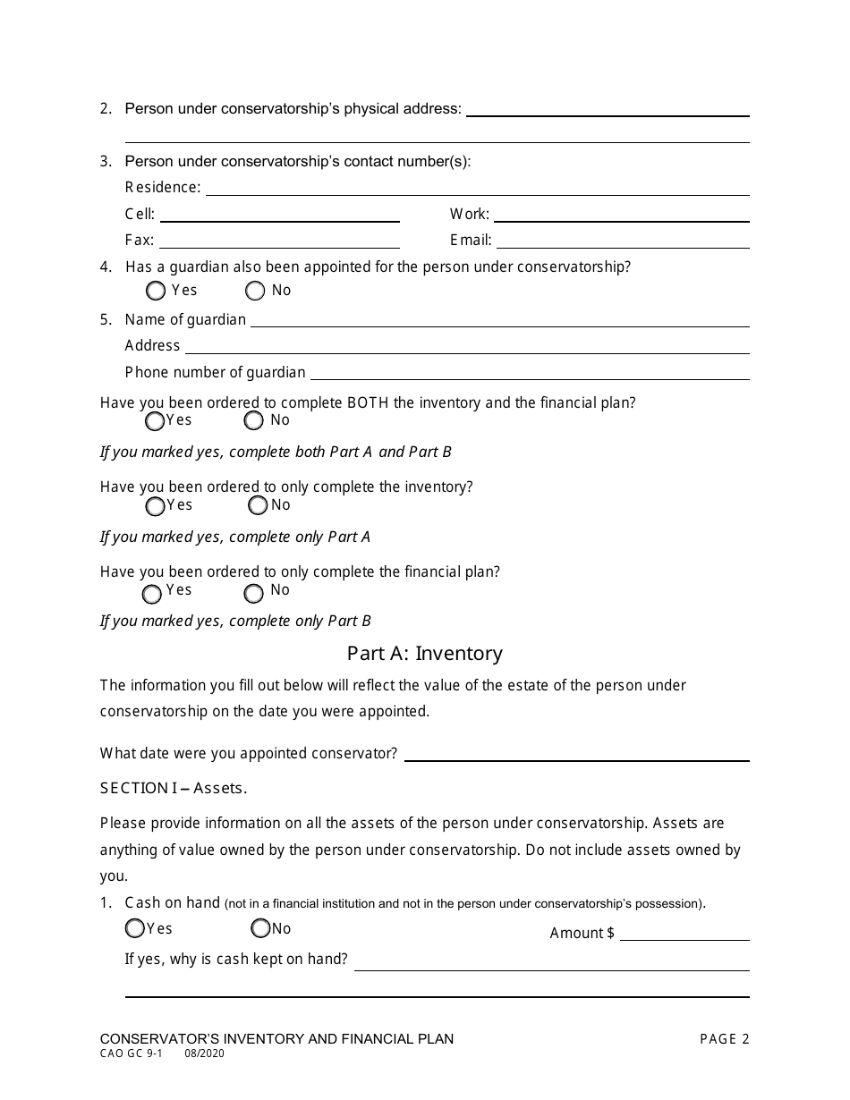 Form CAO GC9-1 Conservators Inventory and Financial Plan - Idaho, Page 2