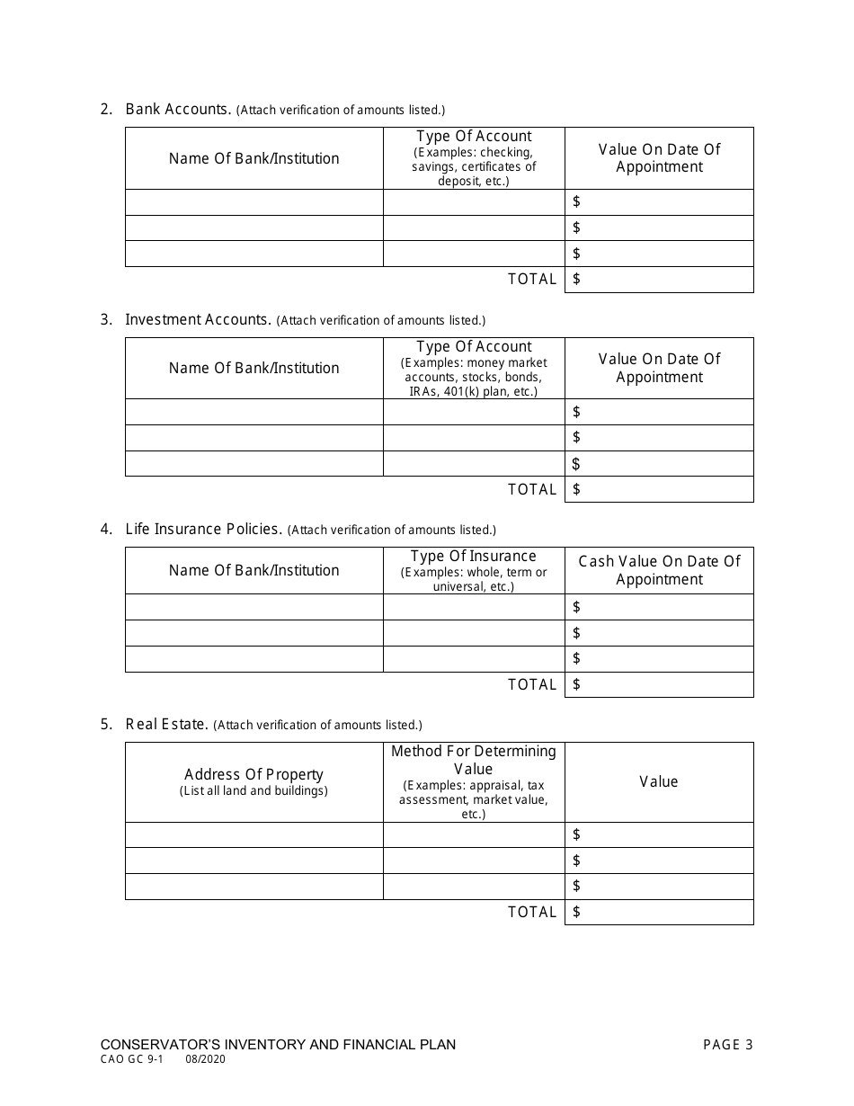 Form CAO GC9-1 Conservators Inventory and Financial Plan - Idaho, Page 3