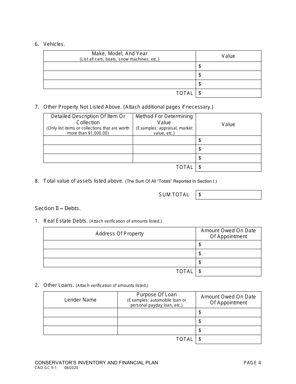 Form CAO GC9-1 Conservators Inventory and Financial Plan - Idaho, Page 4