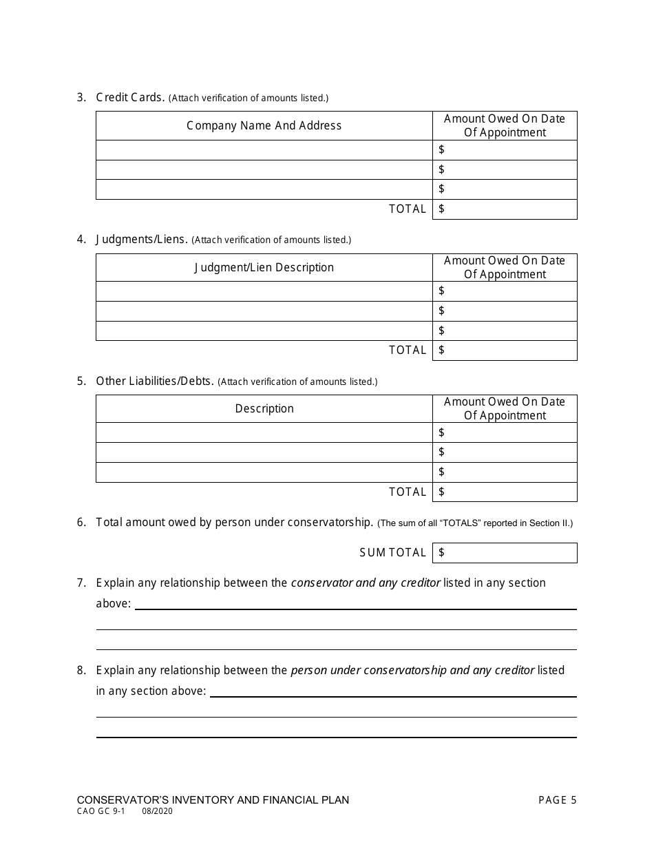 Form CAO GC9-1 Conservators Inventory and Financial Plan - Idaho, Page 5