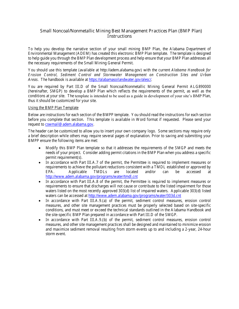 Instructions for Small Noncoal / Nonmetallic Mining Best Management Practices Plan (Bmp Plan) - Alabama, Page 1