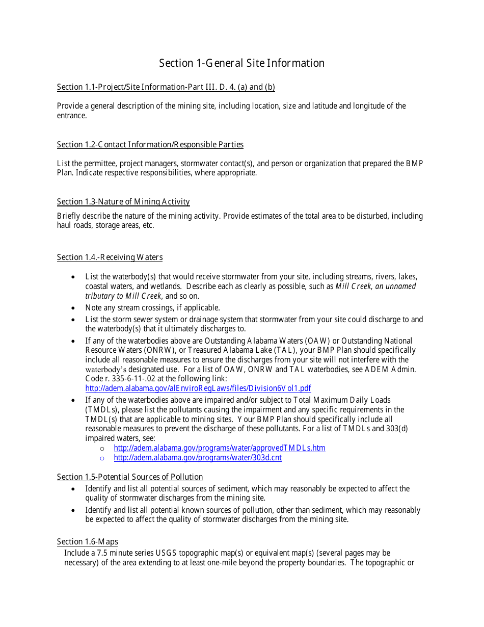 Instructions for Small Noncoal / Nonmetallic Mining Best Management Practices Plan (Bmp Plan) - Alabama, Page 2
