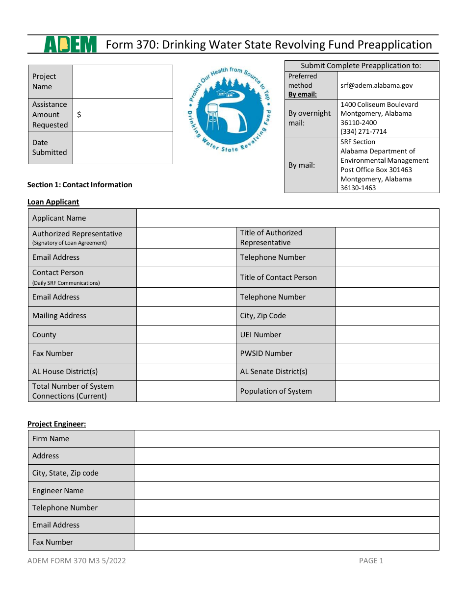 ADEM Form 370 Drinking Water State Revolving Fund Preapplication - Alabama, Page 15