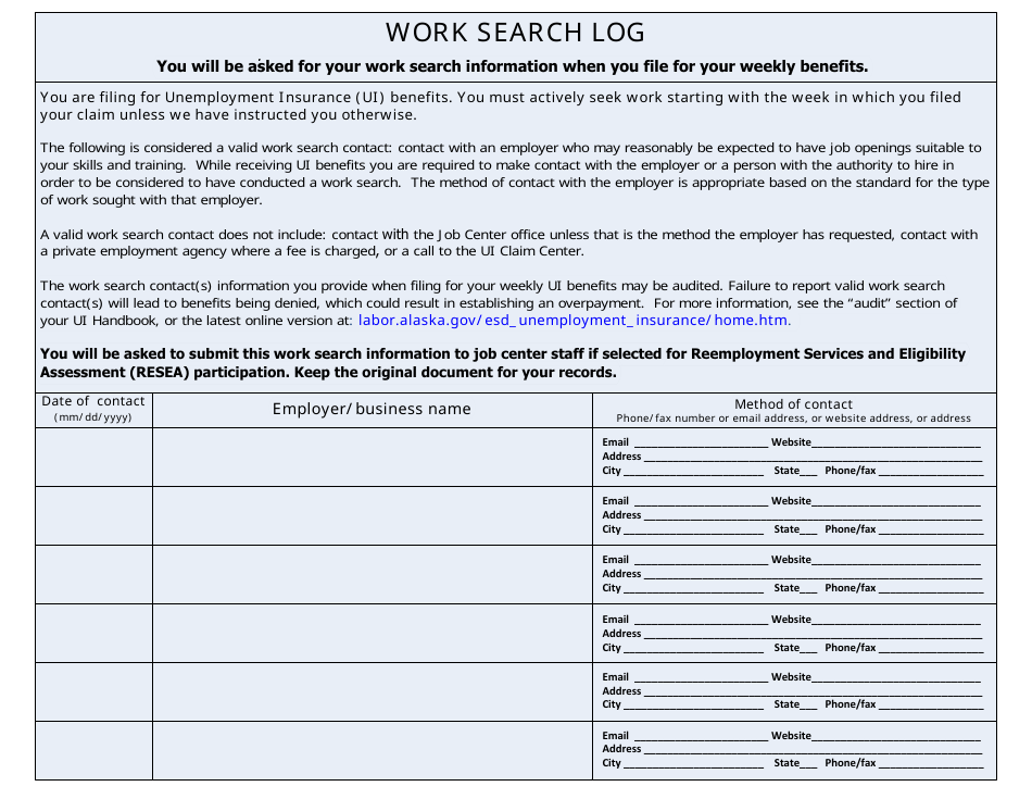 Work Search Log - Alaska, Page 1