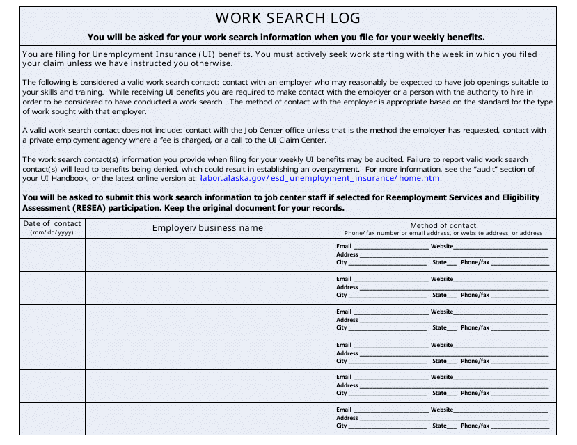 Work Search Log - Alaska Download Pdf