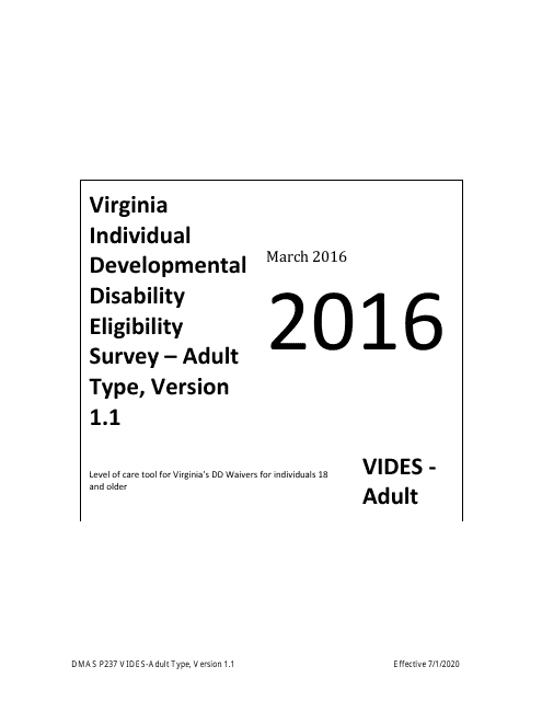 Form DMAS P237 Virginia Individual Developmental Disability Eligibility Survey - Adult Type - Virginia