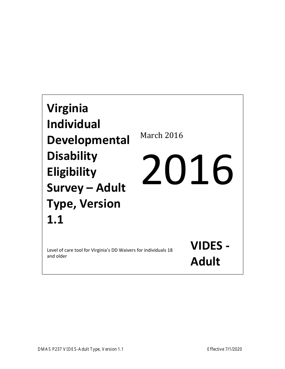 Form DMAS P237 Virginia Individual Developmental Disability Eligibility Survey - Adult Type - Virginia, Page 1