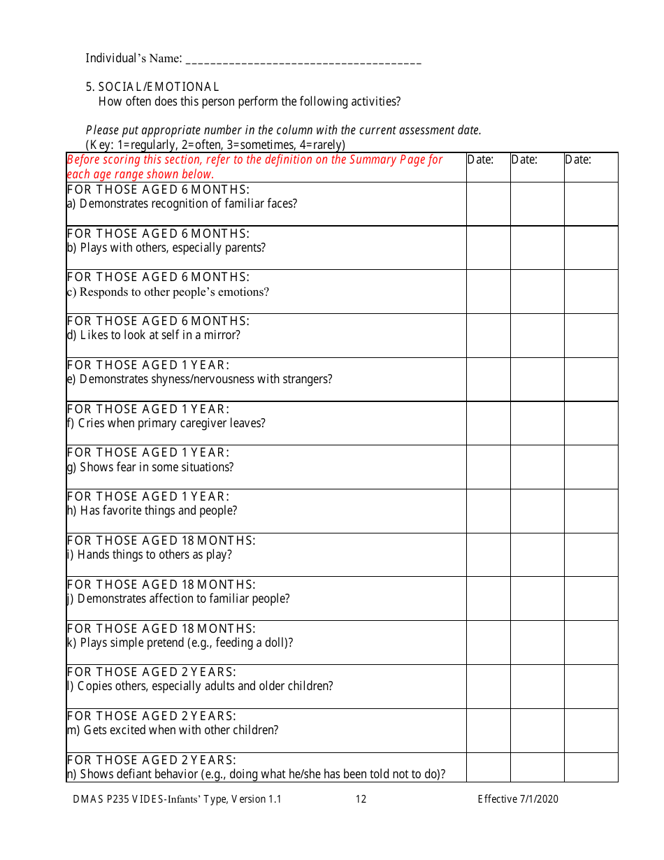 Form DMAS P235 Virginia Individual Developmental Disabilities Eligibility Survey - Infants Type - Virginia, Page 12