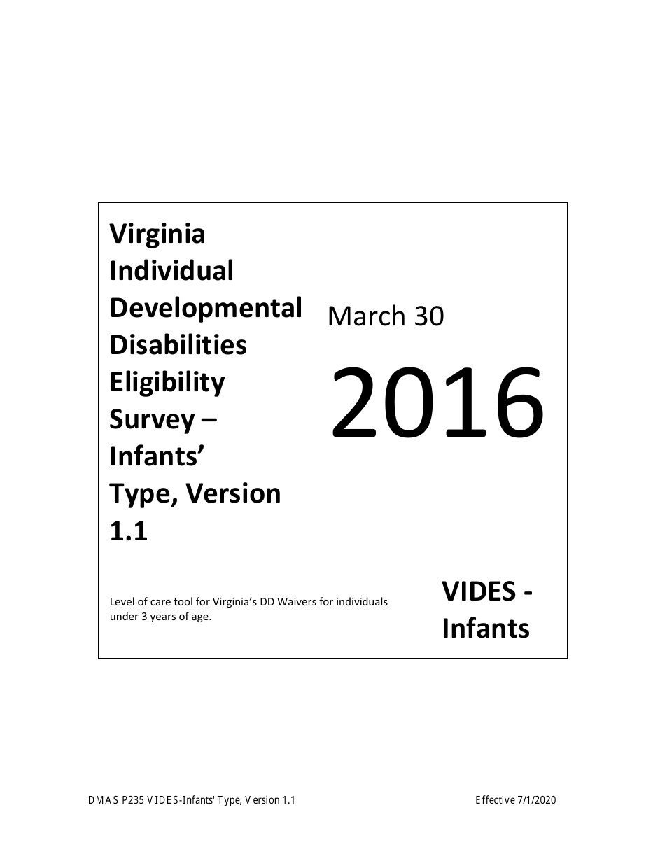 Form DMAS P235 Virginia Individual Developmental Disabilities Eligibility Survey - Infants Type - Virginia, Page 1