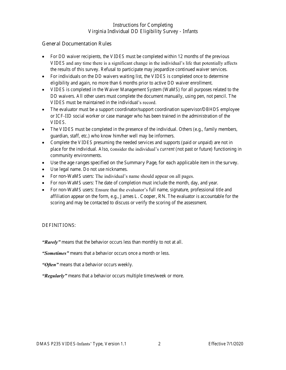 Form DMAS P235 Virginia Individual Developmental Disabilities Eligibility Survey - Infants Type - Virginia, Page 2