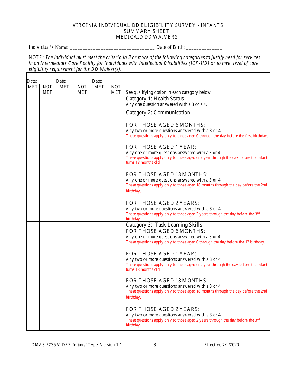 Form DMAS P235 Virginia Individual Developmental Disabilities Eligibility Survey - Infants Type - Virginia, Page 3
