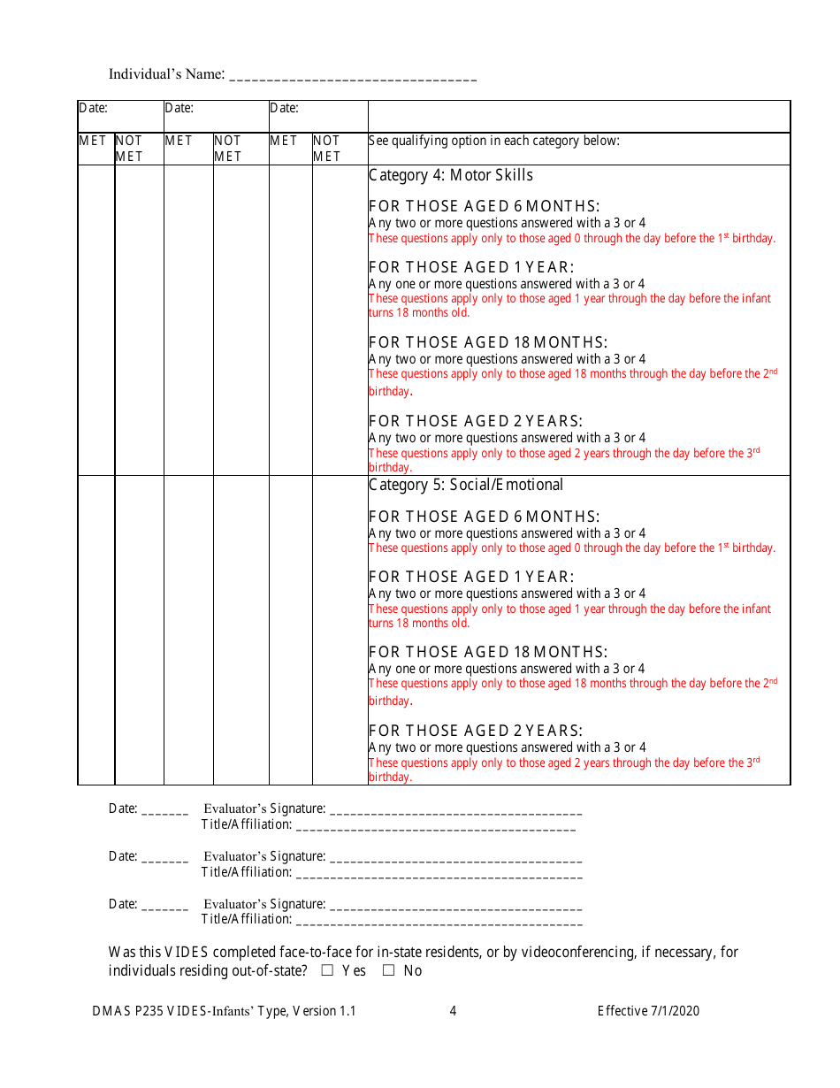 Form DMAS P235 Virginia Individual Developmental Disabilities Eligibility Survey - Infants Type - Virginia, Page 4