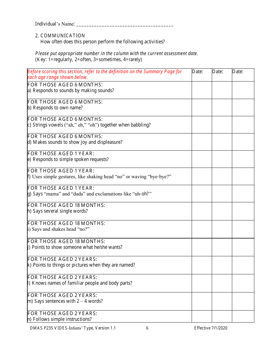 Form DMAS P235 Virginia Individual Developmental Disabilities Eligibility Survey - Infants Type - Virginia, Page 6