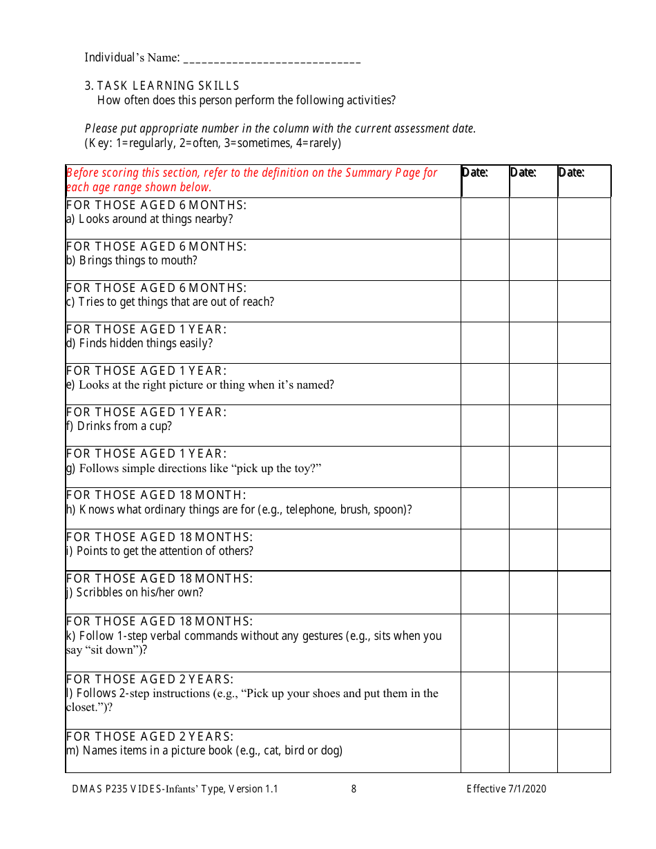 Form DMAS P235 Virginia Individual Developmental Disabilities Eligibility Survey - Infants Type - Virginia, Page 8
