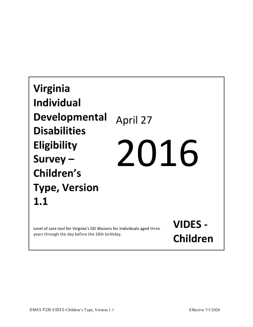 Form DMAS P236 Virginia Individual Developmental Disabilities Eligibility Survey - Children's Type - Virginia