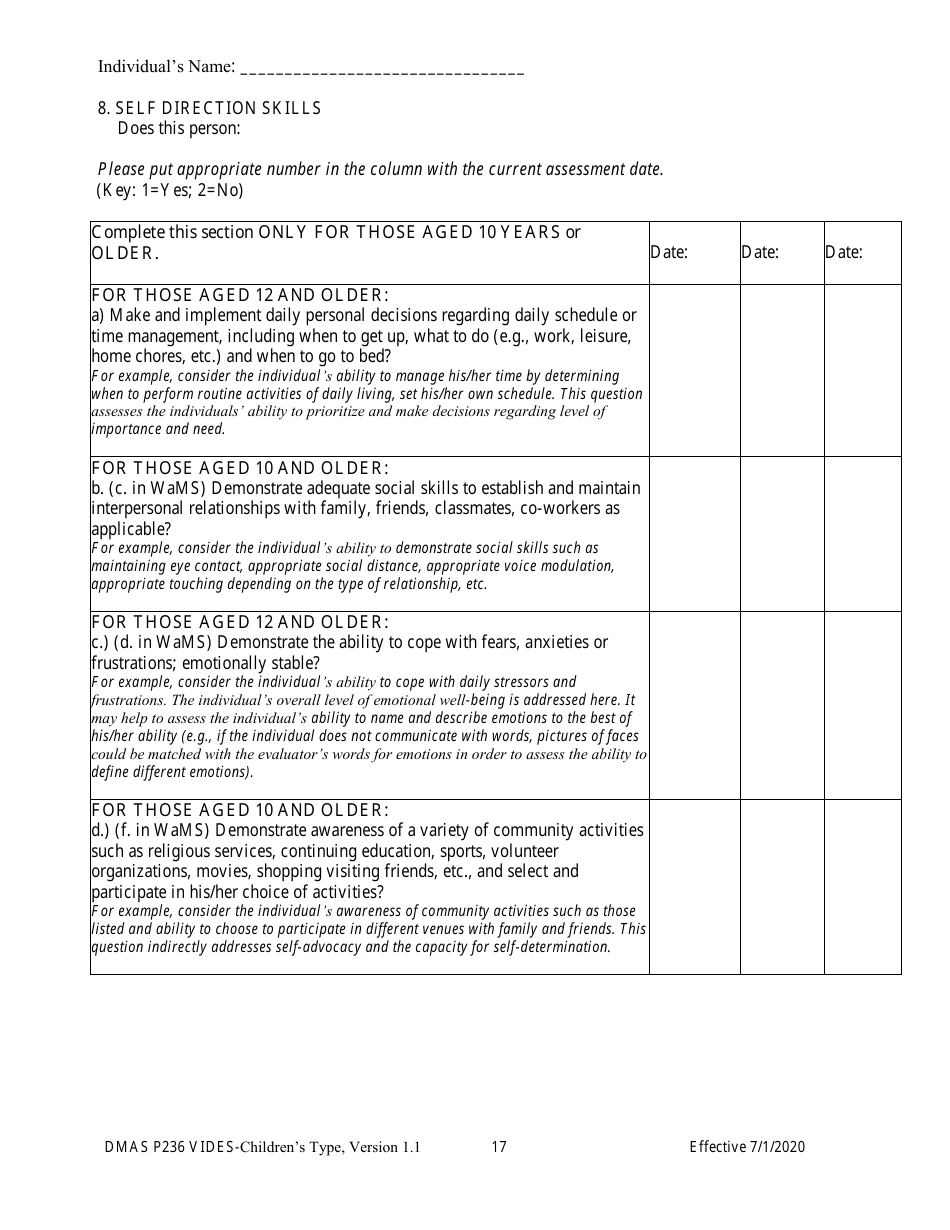 Form DMAS P236 Virginia Individual Developmental Disabilities Eligibility Survey - Childrens Type - Virginia, Page 17
