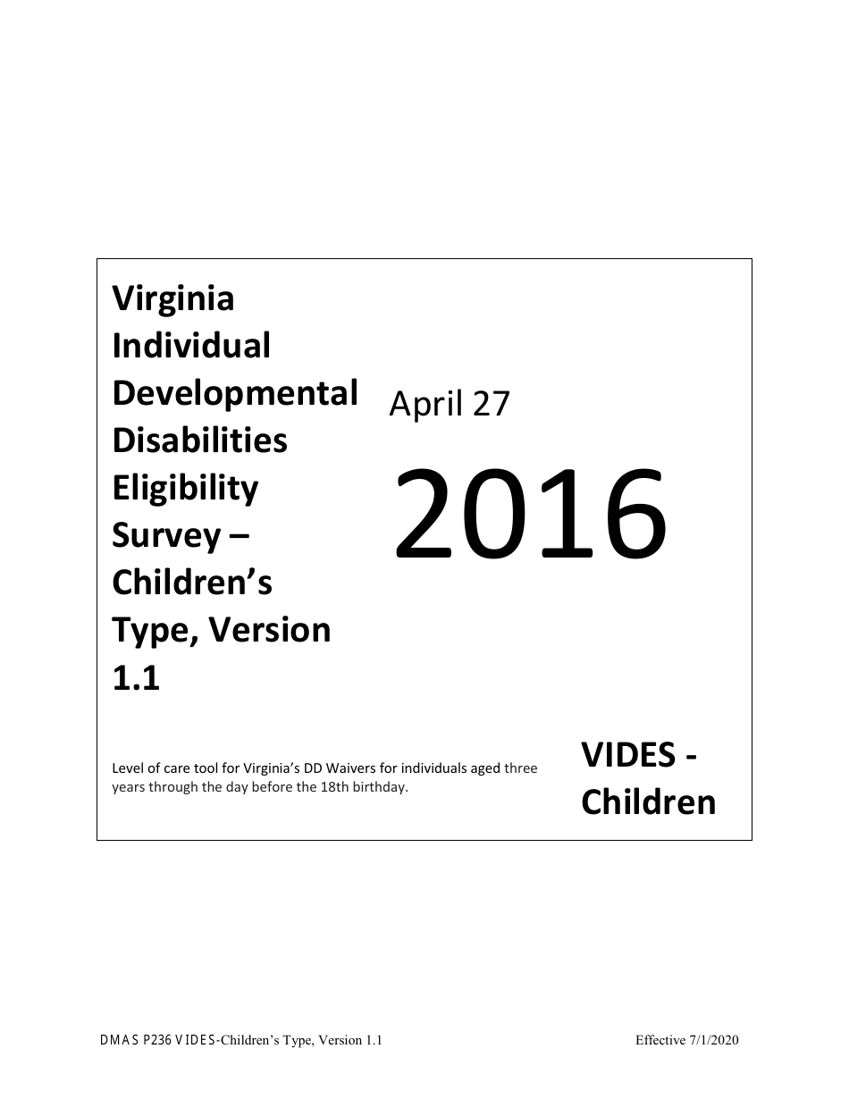 Form DMAS P236 Virginia Individual Developmental Disabilities Eligibility Survey - Childrens Type - Virginia, Page 1