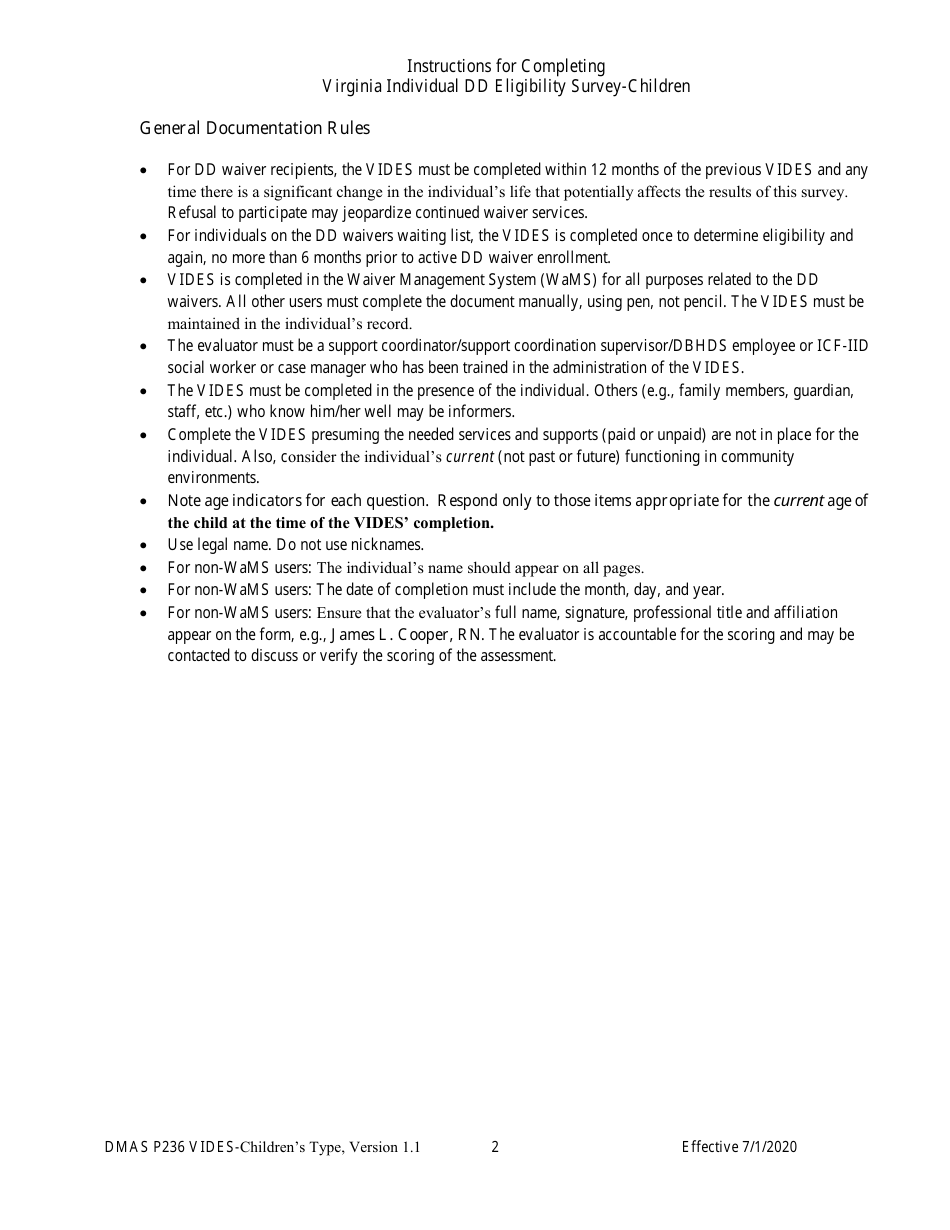 Form DMAS P236 Virginia Individual Developmental Disabilities Eligibility Survey - Childrens Type - Virginia, Page 2