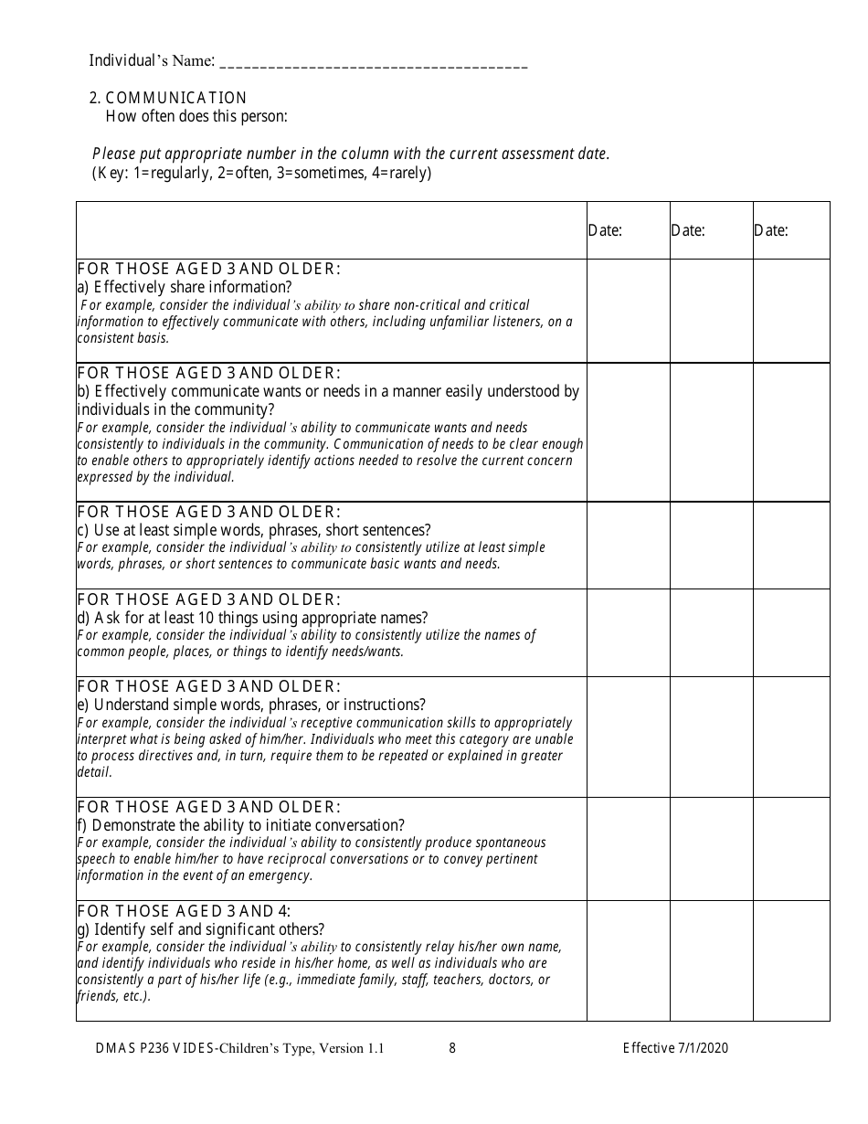 Form DMAS P236 Virginia Individual Developmental Disabilities Eligibility Survey - Childrens Type - Virginia, Page 8
