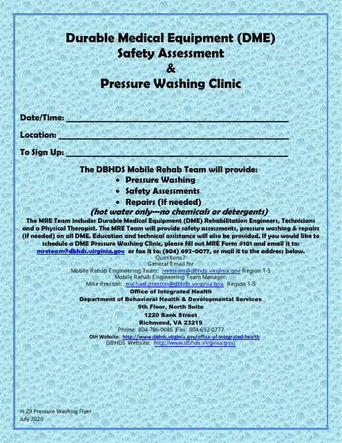 Form H-29 Durable Medical Equipment (Dme) Safety Assessment & Pressure Washing Clinic - Virginia