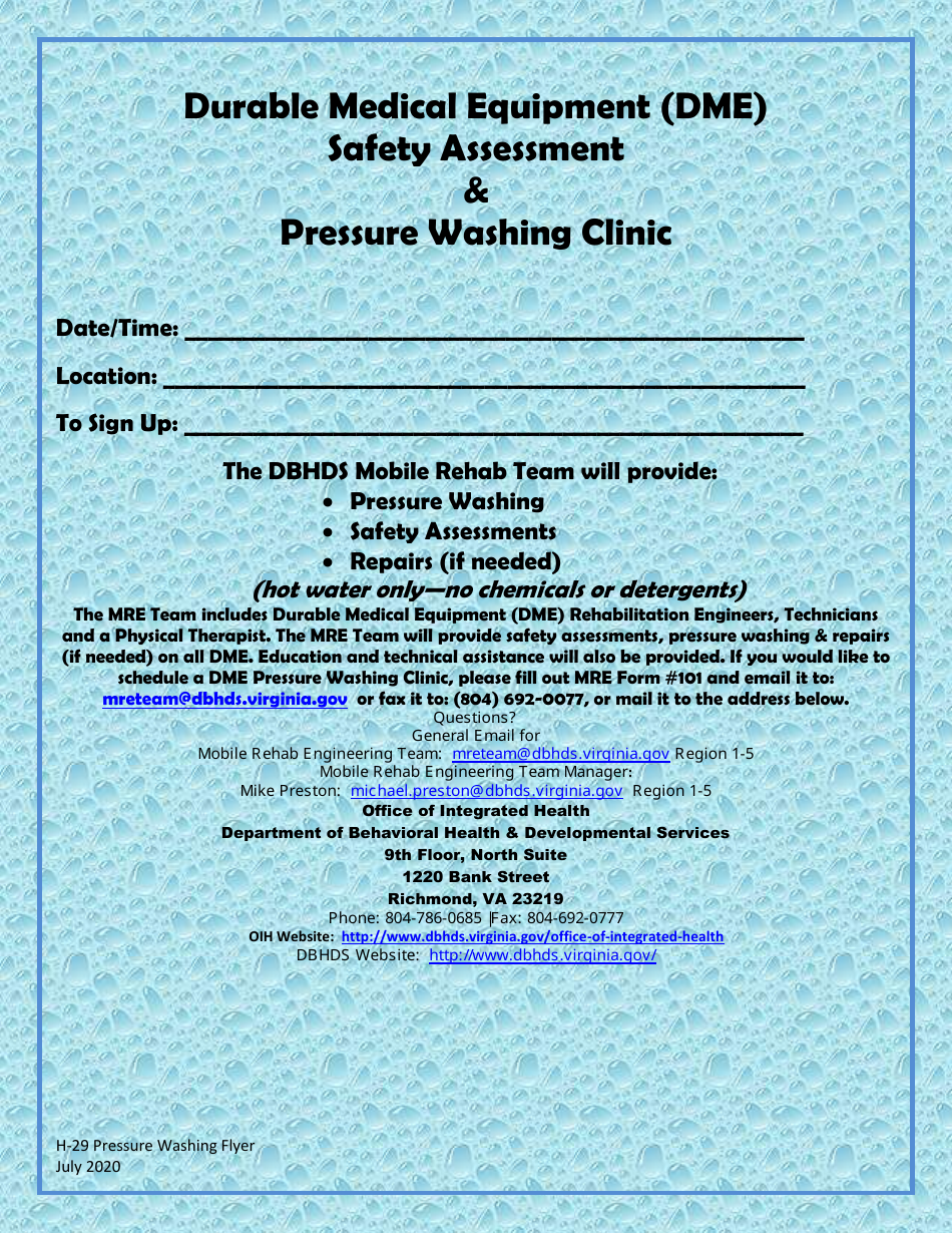 Form H-29 Durable Medical Equipment (Dme) Safety Assessment  Pressure Washing Clinic - Virginia, Page 1