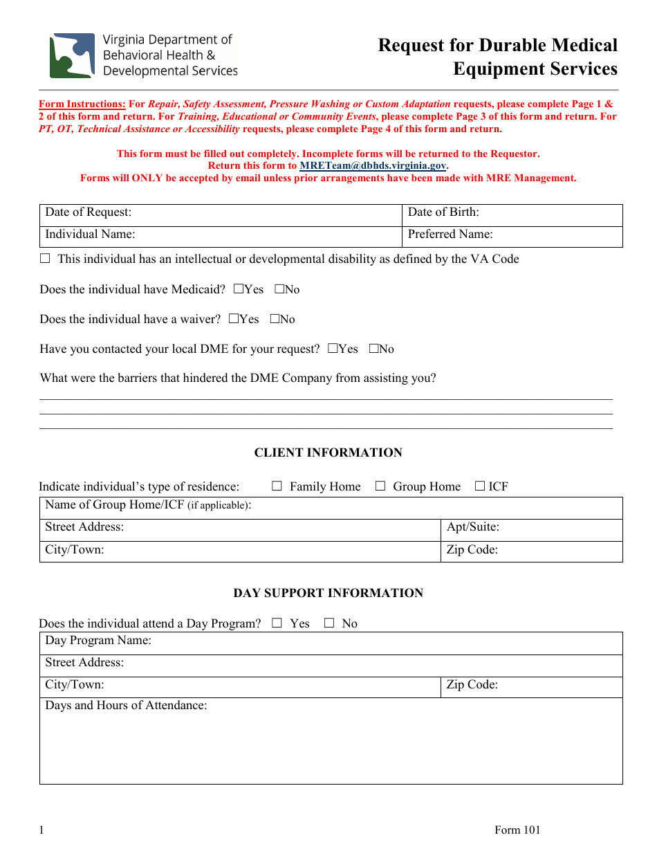 Form 101 Request for Durable Medical Equipment Services - Virginia, Page 1