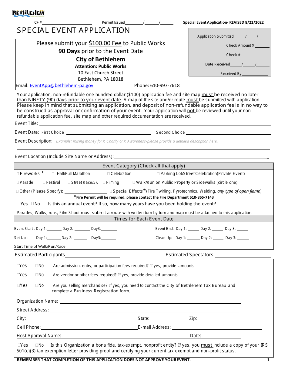 Special Event Application - City of Bethlehem, Pennsylvania, Page 1
