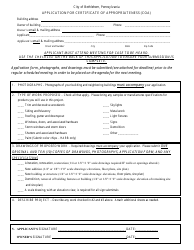 Document preview: Application for Certificate of Appropriateness (Coa) - City of Bethlehem, Pennsylvania, 2023