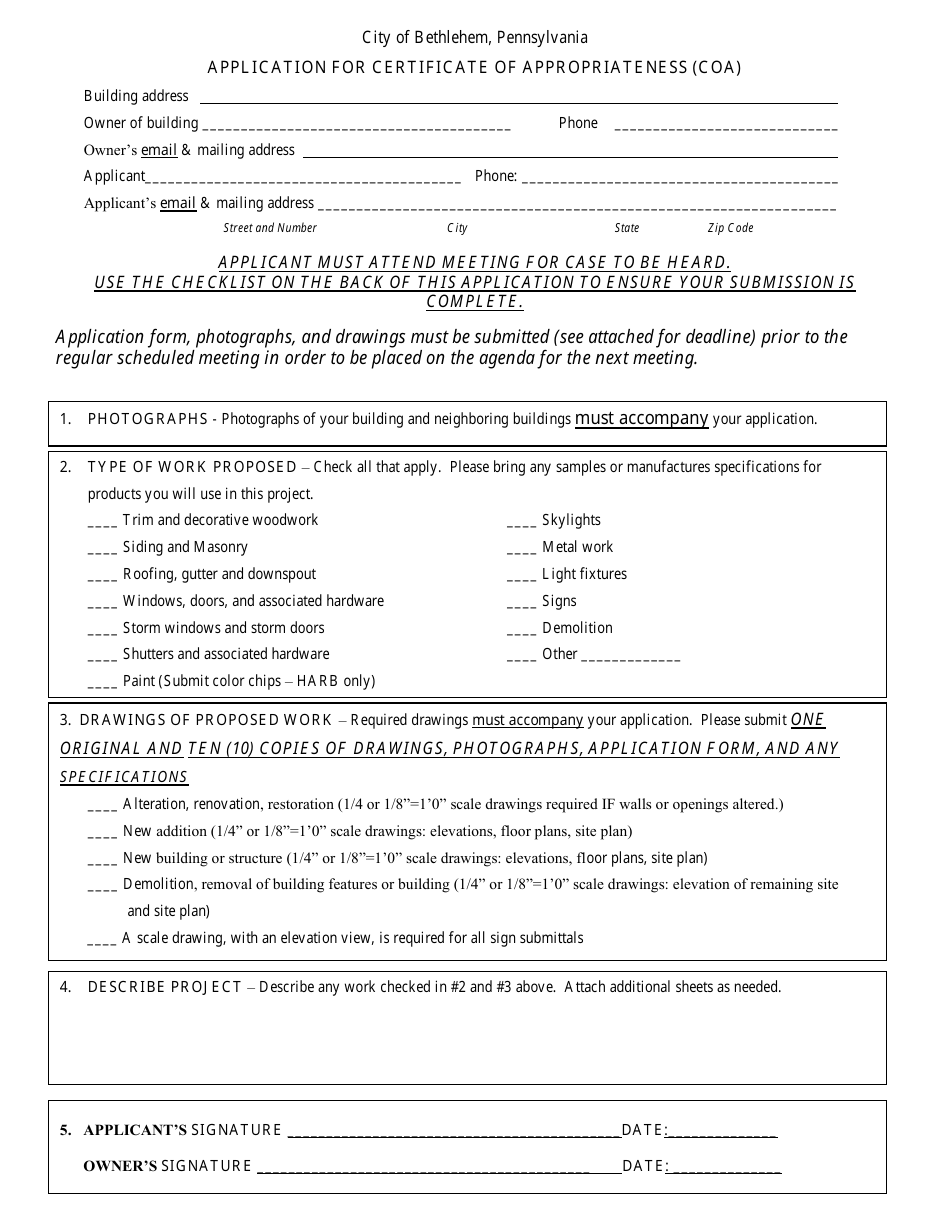 Application for Certificate of Appropriateness (Coa) - City of Bethlehem, Pennsylvania, Page 1