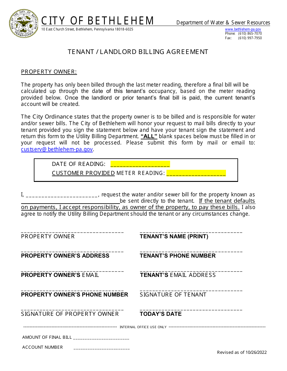 Tenant / Landlord Billing Agreement - City of Bethlehem, Pennsylvania, Page 1