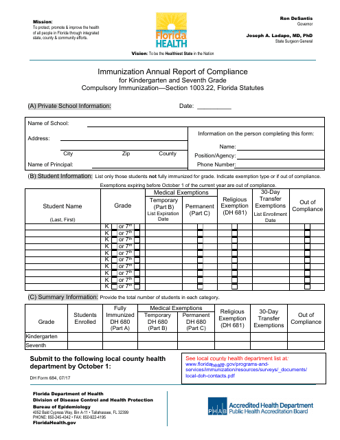 DH Form 684 Immunization Annual Report of Compliance for Kindergarten and Seventh Grade - Florida (English/Spanish)