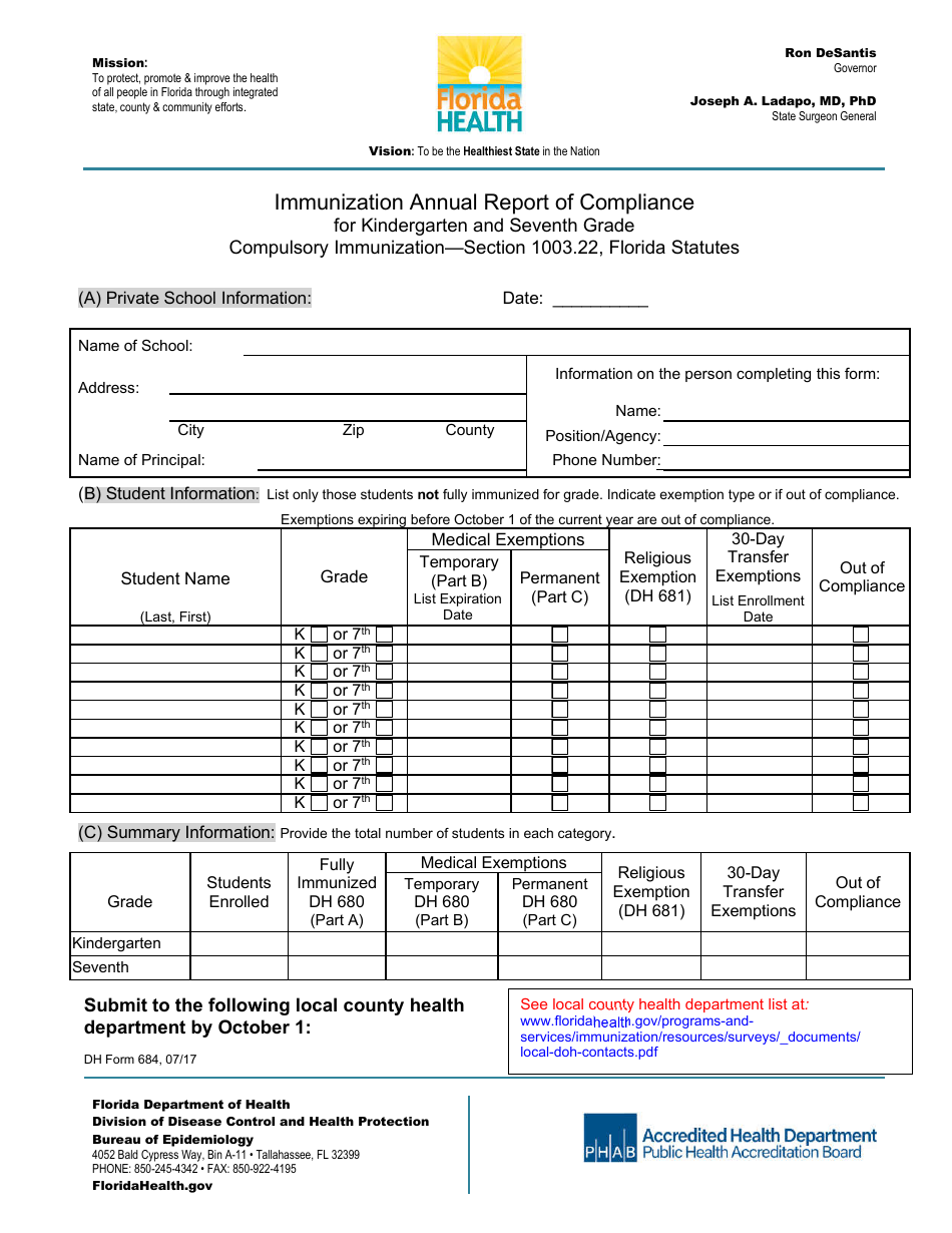 DH Form 684 Immunization Annual Report of Compliance for Kindergarten and Seventh Grade - Florida (English / Spanish), Page 1