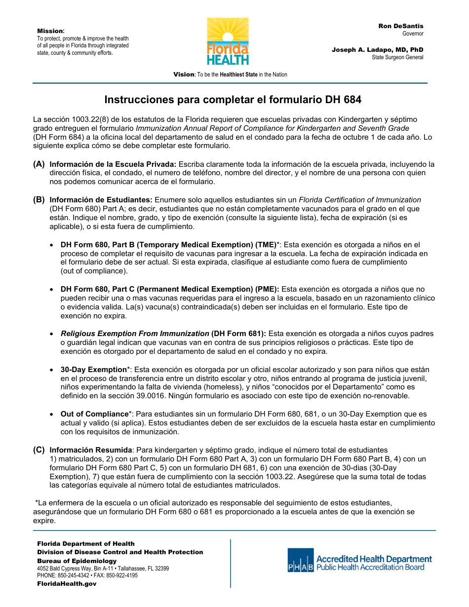 DH Form 684 Immunization Annual Report of Compliance for Kindergarten and Seventh Grade - Florida (English / Spanish), Page 3