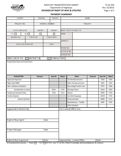 Form TC62-209 Payment Summary - Kentucky