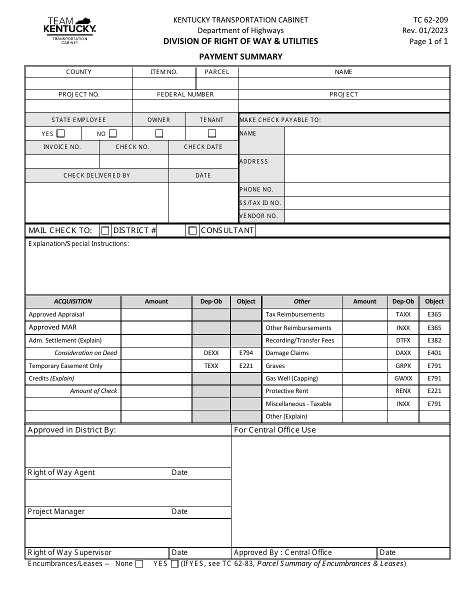 Form TC62-209 Payment Summary - Kentucky, Page 1