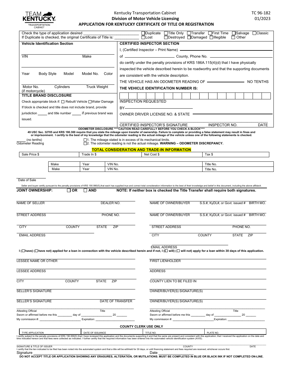 Form TC96-182 Application for Kentucky Certificate of Title or Registration - Kentucky, Page 1