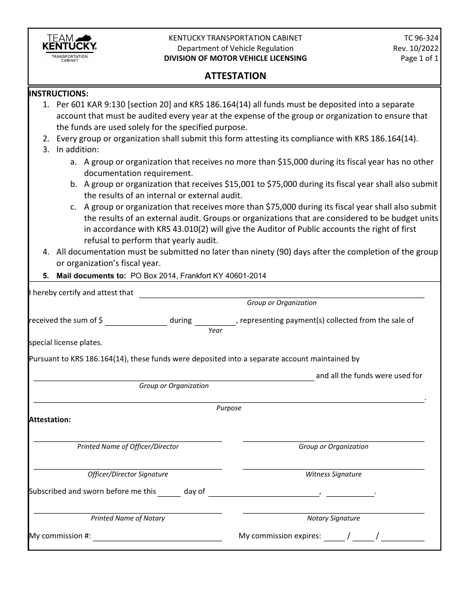 Form TC96-324 Attestation - Kentucky, Page 1