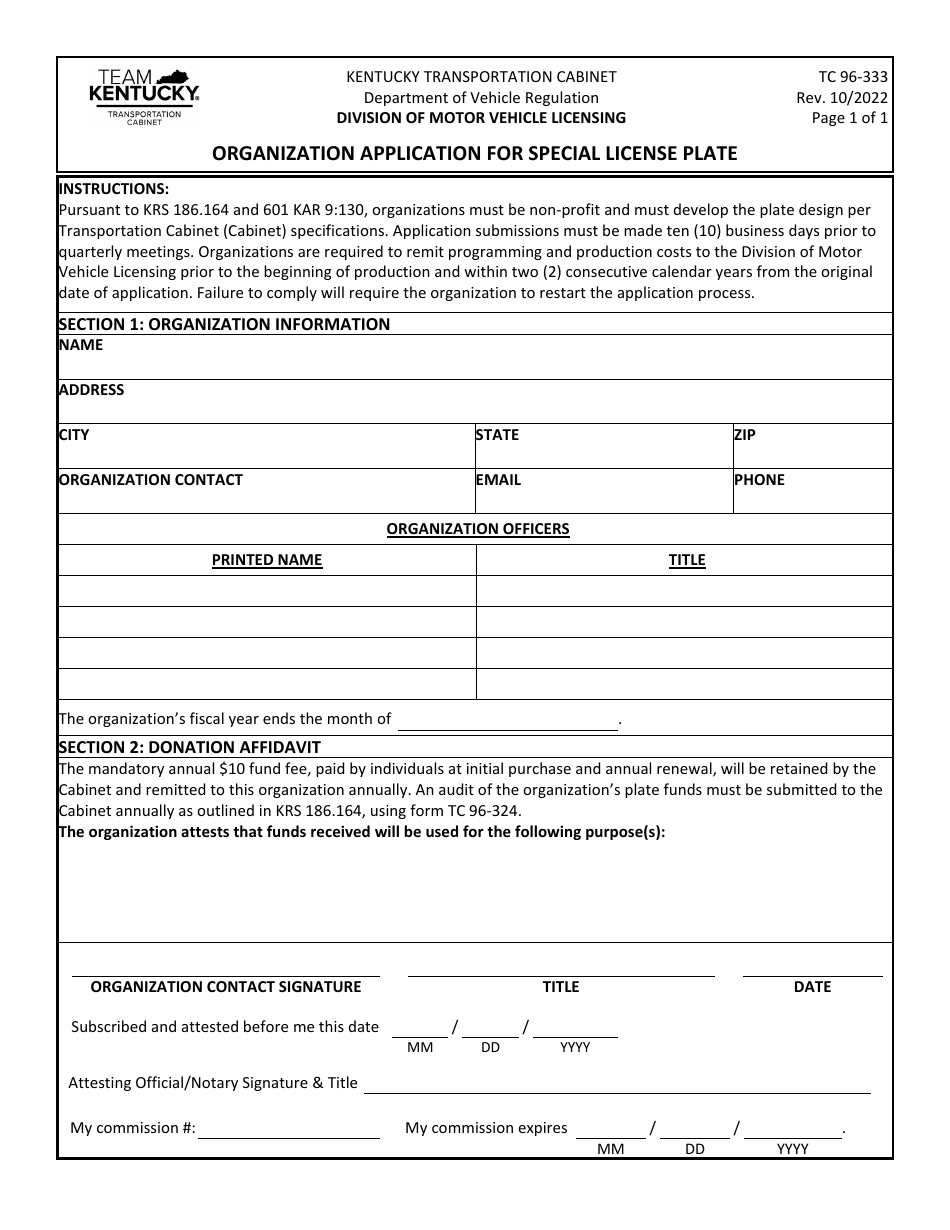 Form TC96-333 Organization Application for Special License Plate - Kentucky, Page 1