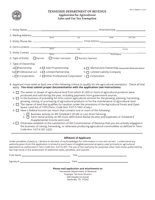 Form RV-F1308401 Application for Agricultural Sales and Use Tax Exemption - Tennessee