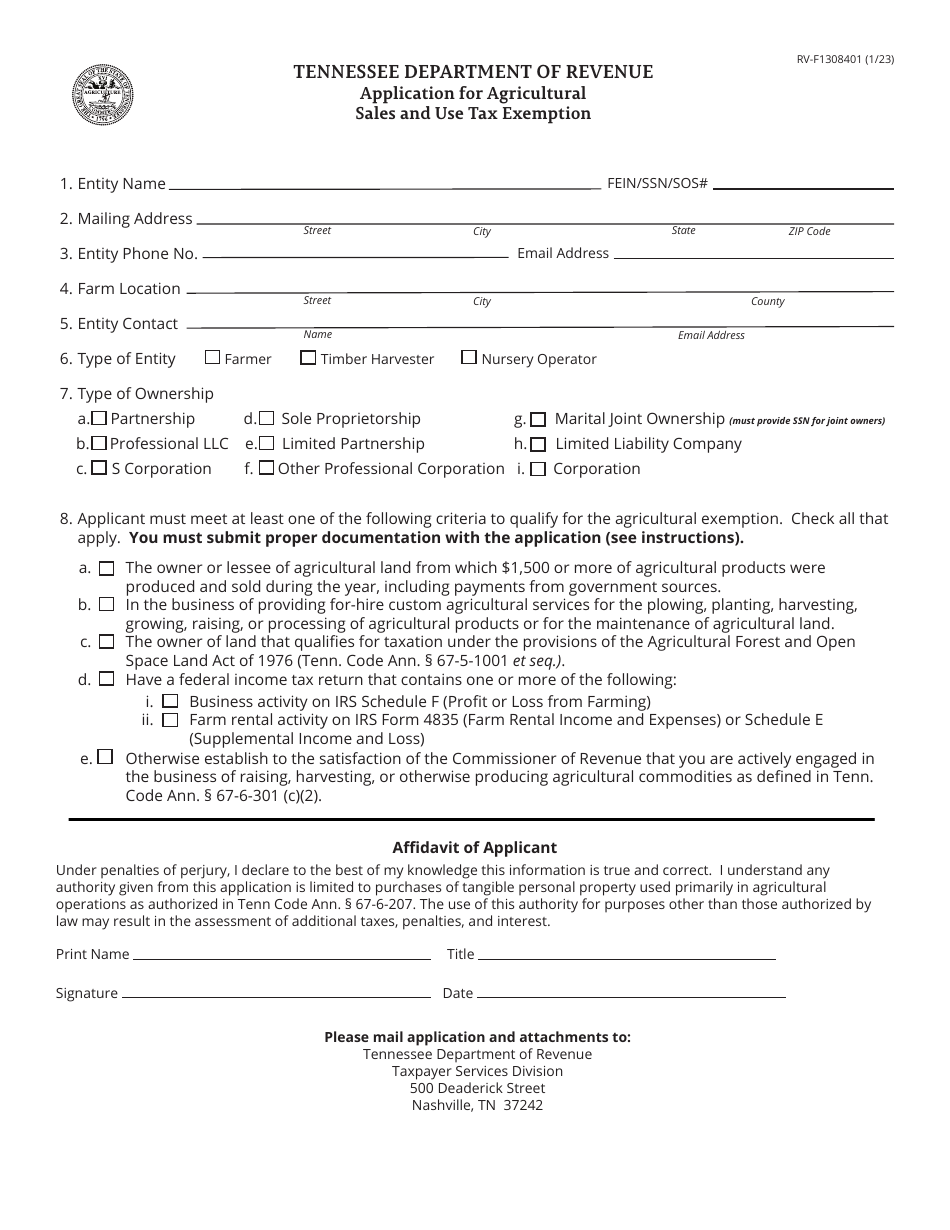 Form RV-F1308401 Application for Agricultural Sales and Use Tax Exemption - Tennessee, Page 1
