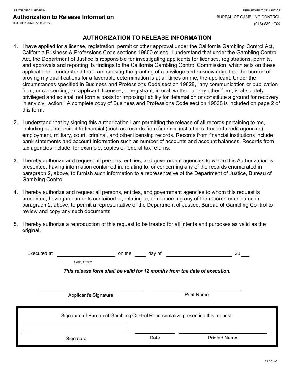 Form BGC-APP-006 Authorization to Release Information - California, Page 1
