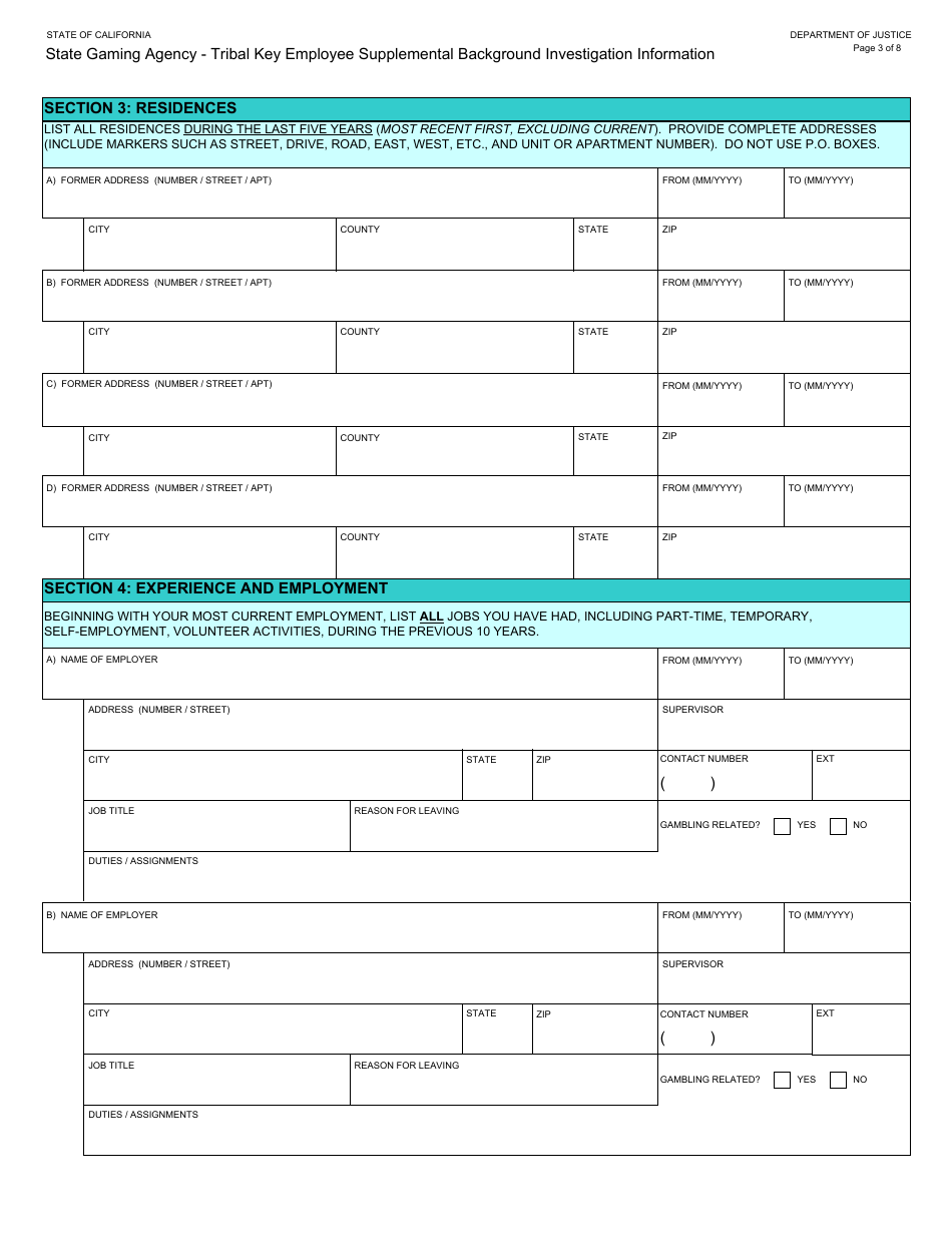 Form BGC-TBL-001 State Gaming Agency Tribal Key Employee Supplemental Background Investigation Information - California, Page 3