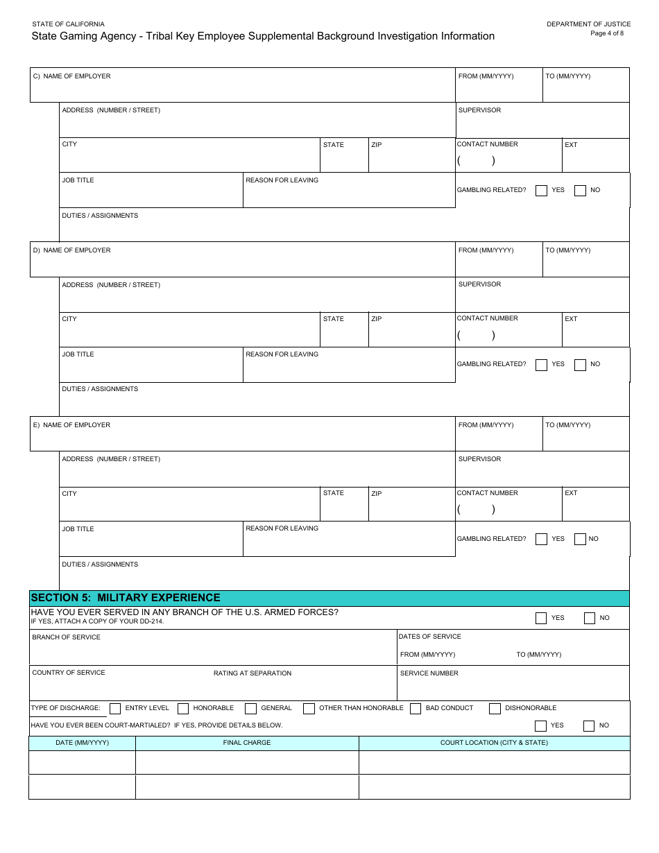 Form BGC-TBL-001 State Gaming Agency Tribal Key Employee Supplemental Background Investigation Information - California, Page 4