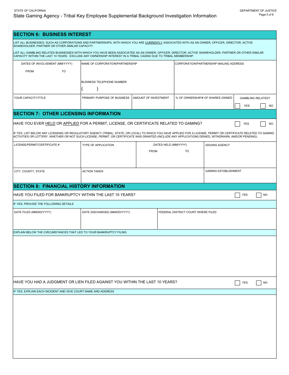 Form BGC-TBL-001 State Gaming Agency Tribal Key Employee Supplemental Background Investigation Information - California, Page 5