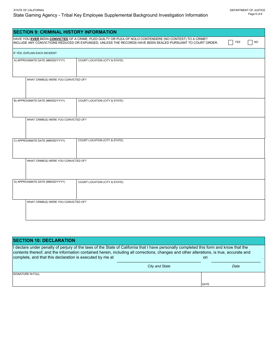 Form BGC-TBL-001 State Gaming Agency Tribal Key Employee Supplemental Background Investigation Information - California, Page 6