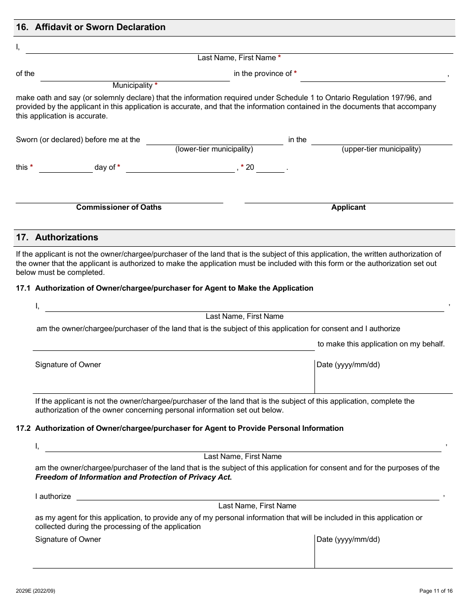 Form 2029E Application for Consent Under Section 53 of the Planning Act - Ontario, Canada, Page 11