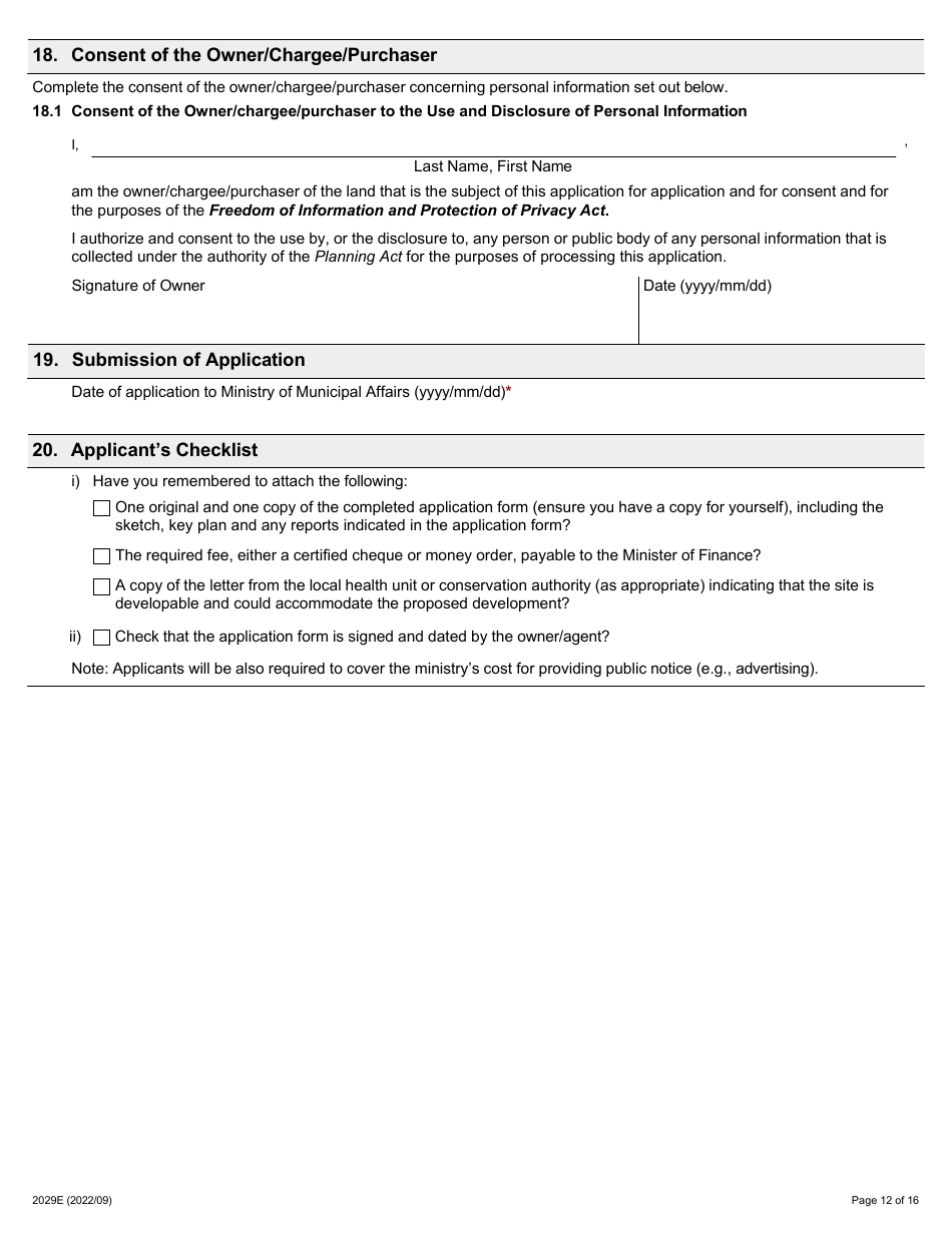 Form 2029E Application for Consent Under Section 53 of the Planning Act - Ontario, Canada, Page 12