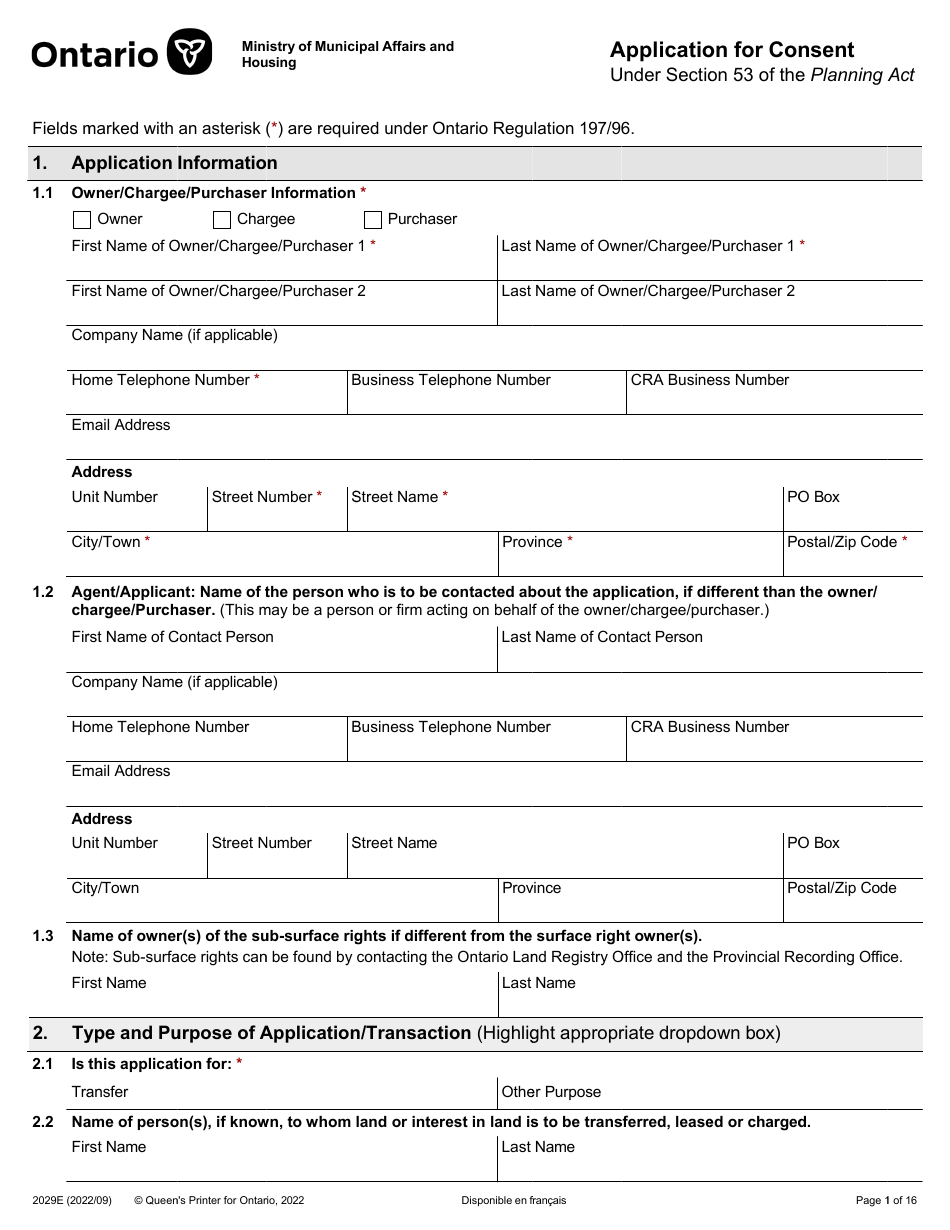 Form 2029E Application for Consent Under Section 53 of the Planning Act - Ontario, Canada, Page 1