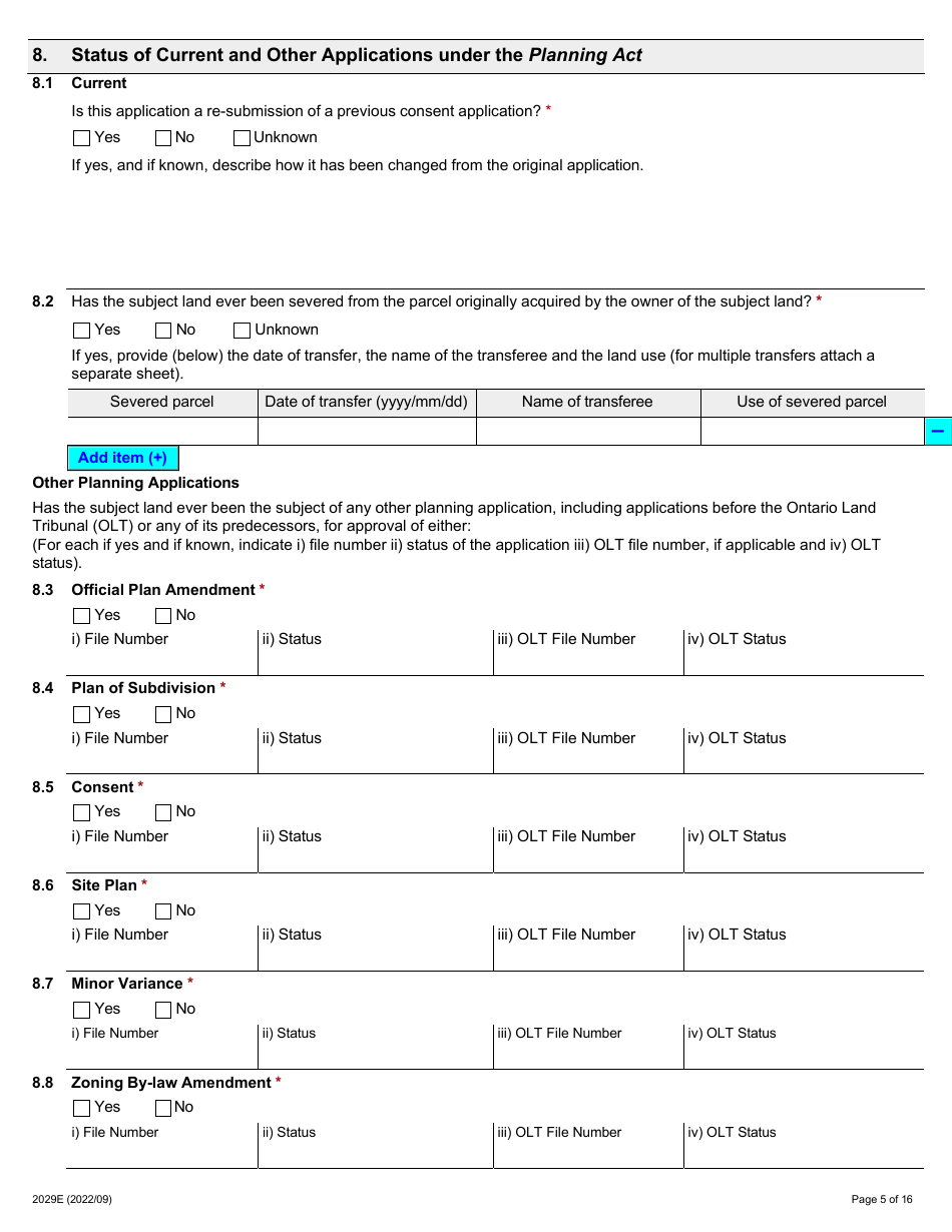 Form 2029E Application for Consent Under Section 53 of the Planning Act - Ontario, Canada, Page 5