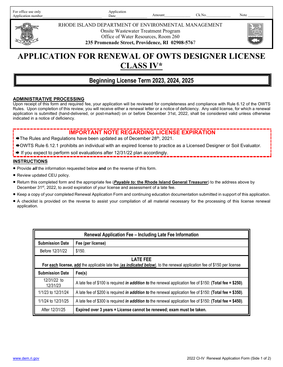 Application for Renewal of Owts Designer License - Class Iv - Rhode Island, Page 1